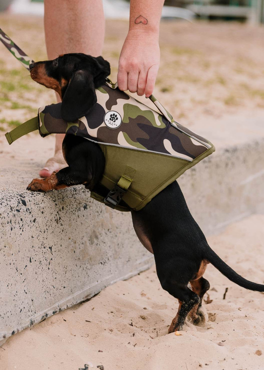 The Doggo'Float Dog Life Jacket By Doggos Wear In Army CamoSafety Vest