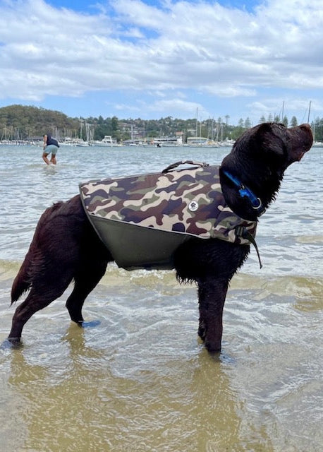 The Doggo'Float Dog Life Jacket By Doggos Wear In Army CamoSafety Vest